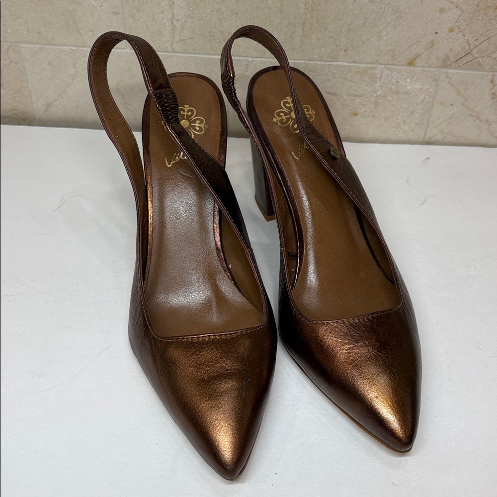 Velez Leather Metallic Bronze Slingback Heels, 36